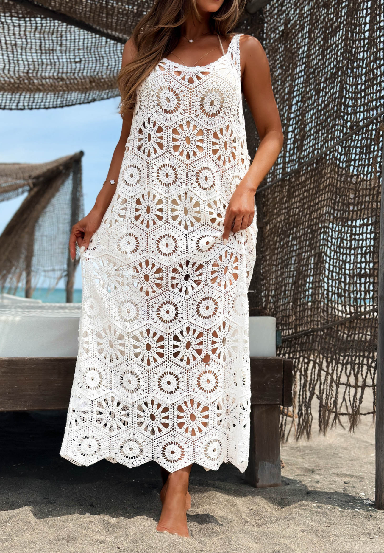 Bavlněný plážový maxi přehoz na ramínka boho Coco Paradise Bílá