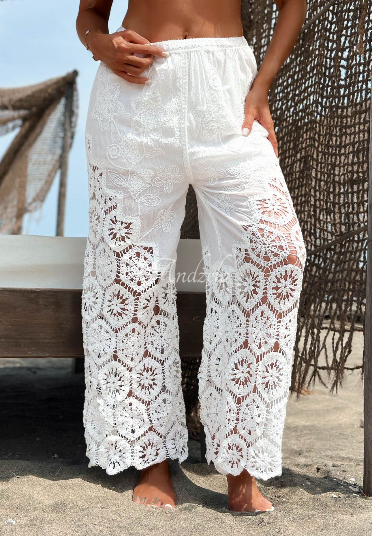 Ažurové bavlněné wide leg kalhoty s krajkou boho La Costa ecru