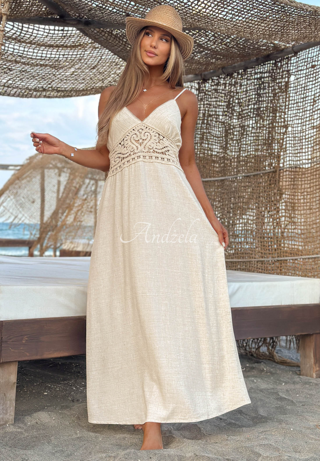 Viskózové šaty na ramínka s krajkou boho Island Desire světle béžový