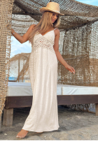 Šaty maxi na ramiączkach z koronką boho Island Desire světle béžový
