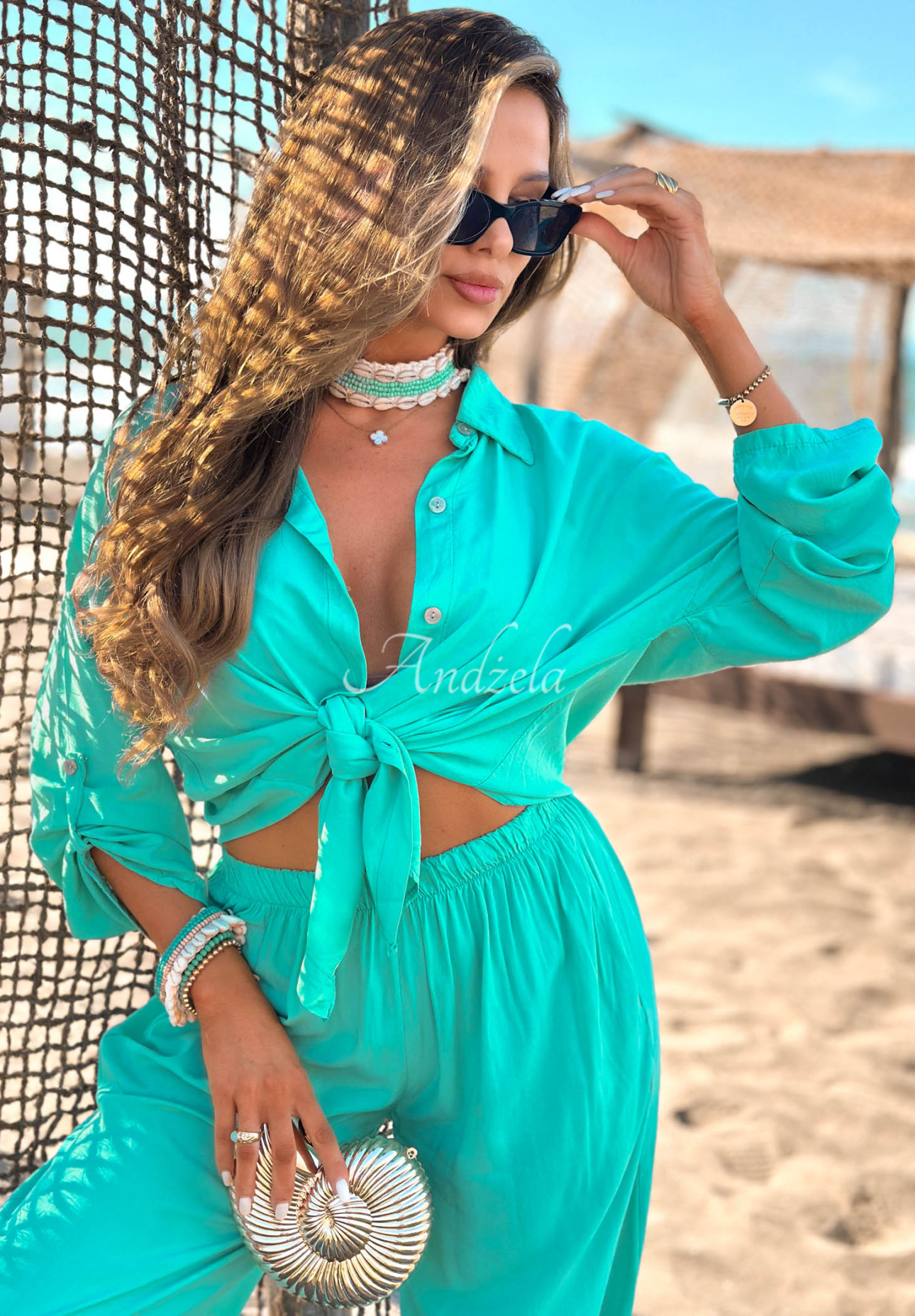 Viskózová souprava košile a kalhoty wide leg Summer Skies tyrkysový