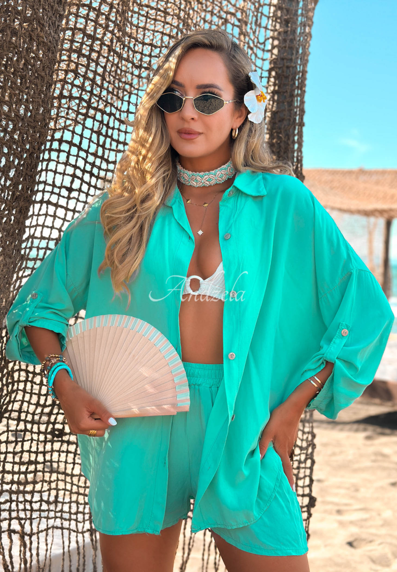 Viskózová souprava košile a krátké šortky Summer Essence tyrkysový