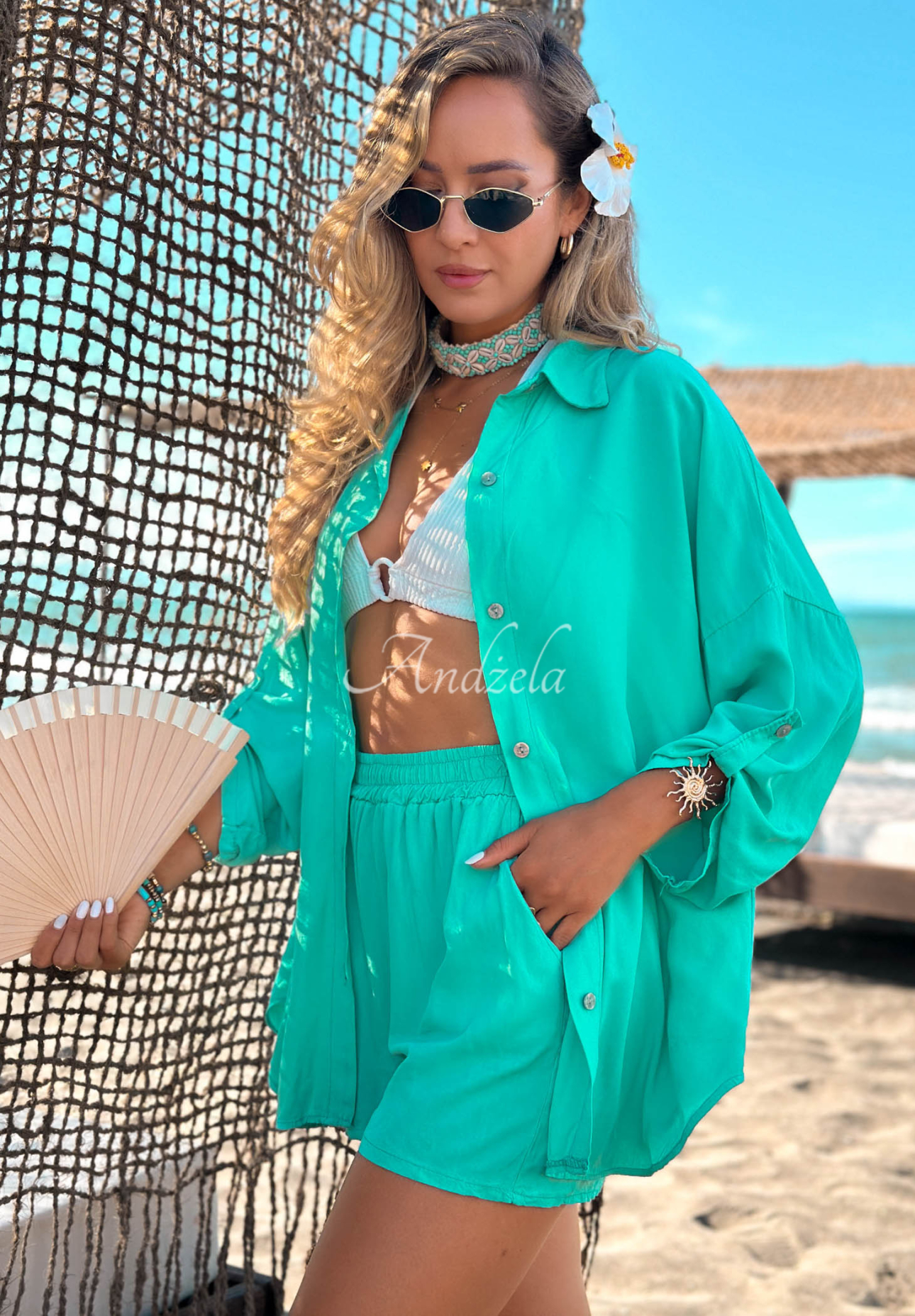 Viskózová souprava košile a krátké šortky Summer Essence tyrkysový