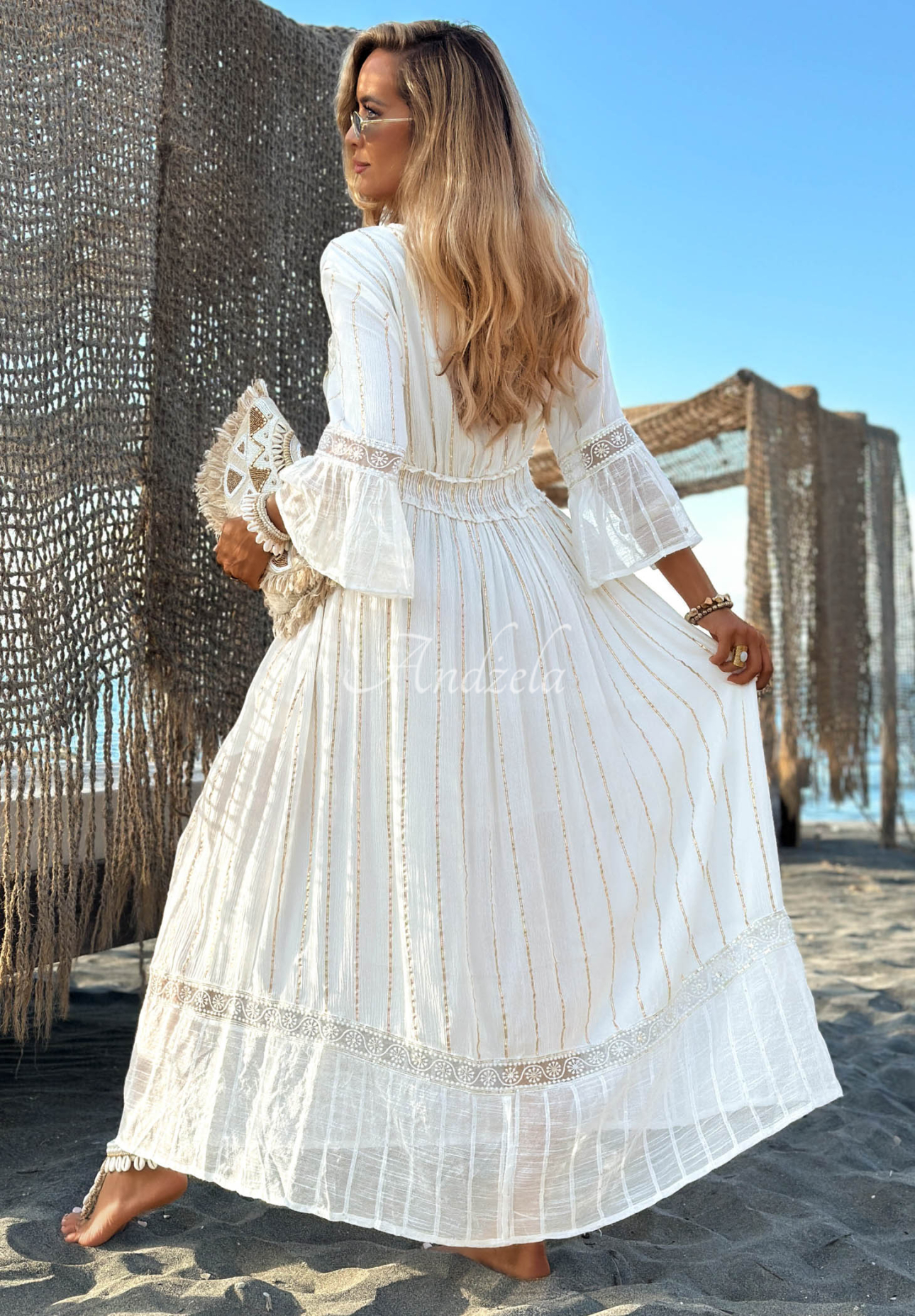 Viskózové maxi šaty se zlatými výšivkami boho Sorelle Sun světle béžový