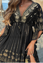 Šaty maxi ze złotymi haftami boho Palm Royale černá