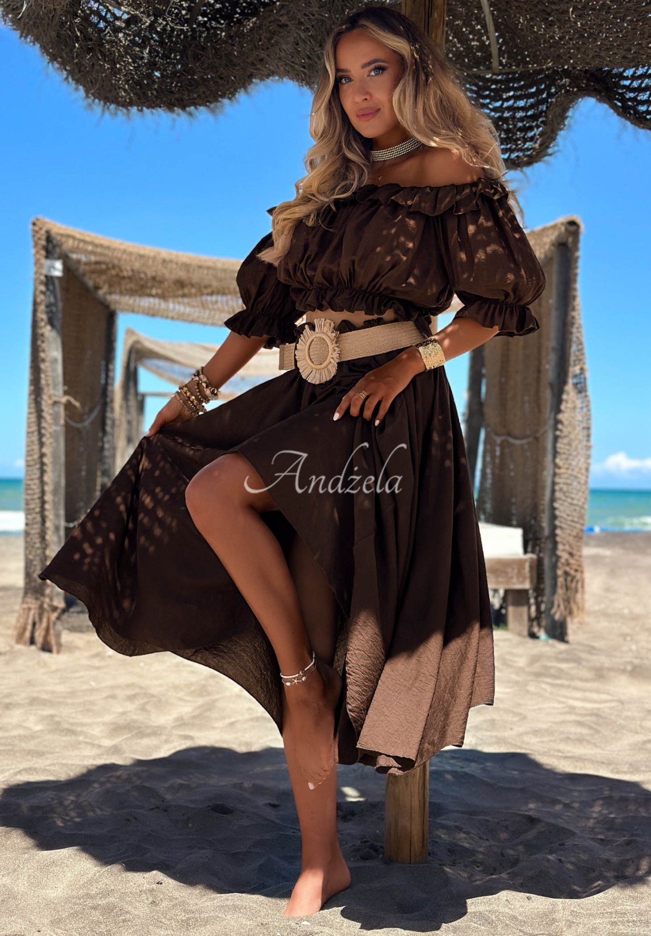 Viskózová souprava halenka španělka a maxi sukně s páskem Summer Beauty čokoládový