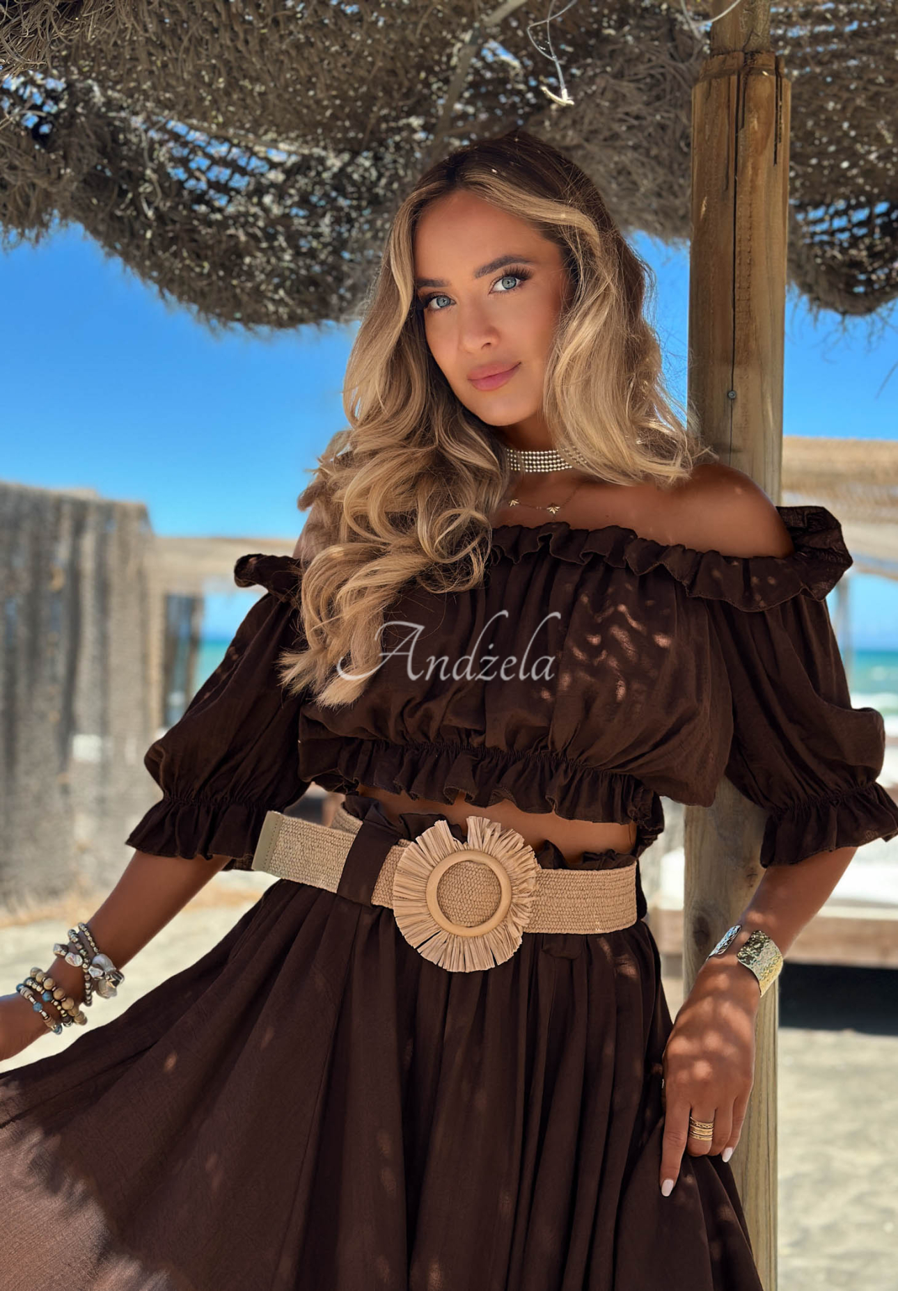 Viskózová souprava halenka španělka a maxi sukně s páskem Summer Beauty čokoládový