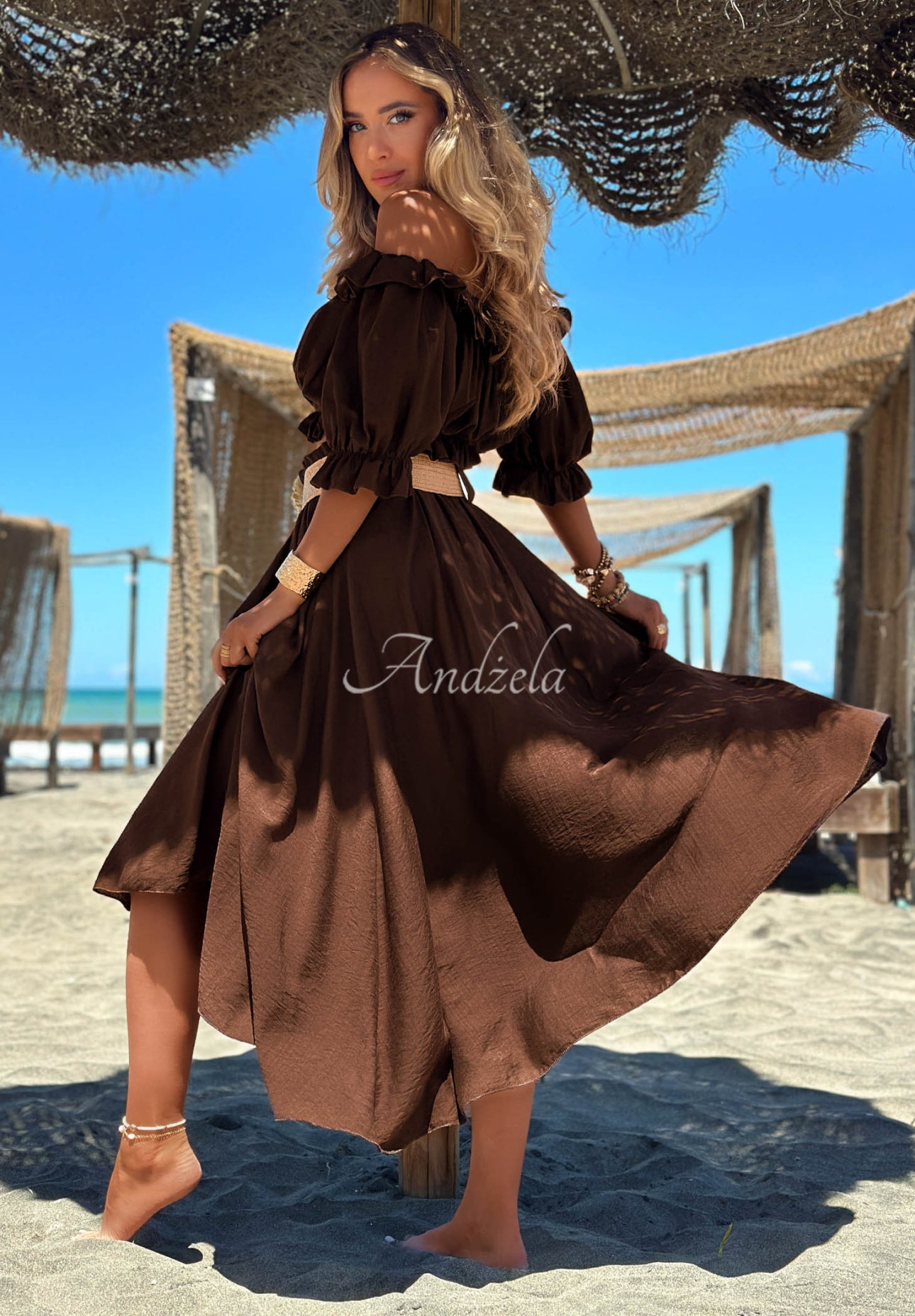Viskózová souprava halenka španělka a maxi sukně s páskem Summer Beauty čokoládový