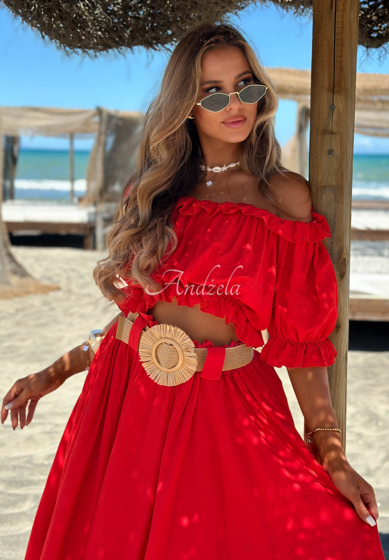 Viskózová souprava halenka španělka a maxi sukně s páskem Summer Beauty červený