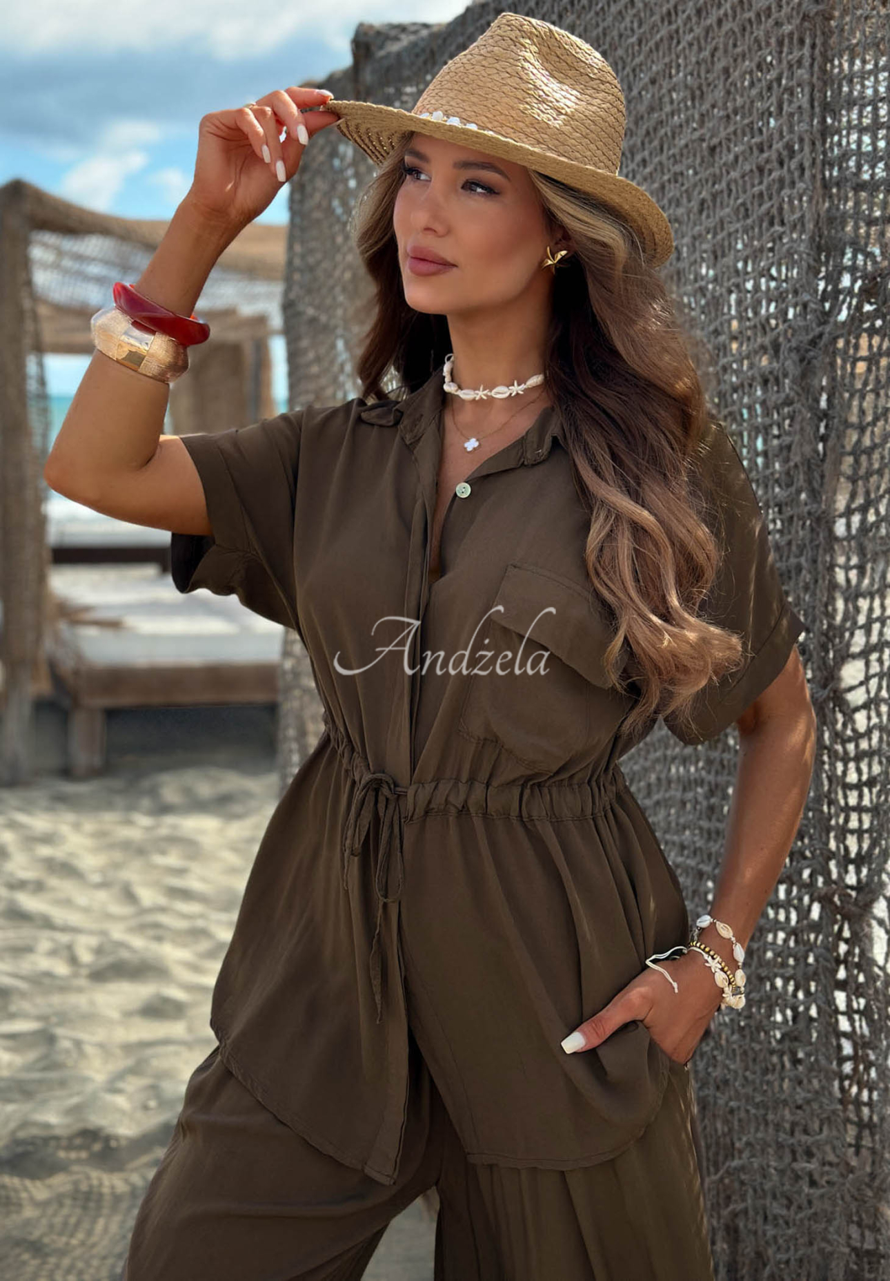Viskózová souprava košile se stahováním a kalhot wide leg Elite Summer čokoládový