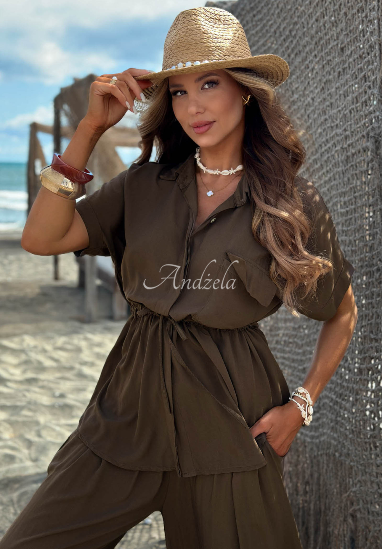 Viskózová souprava košile se stahováním a kalhot wide leg Elite Summer čokoládový