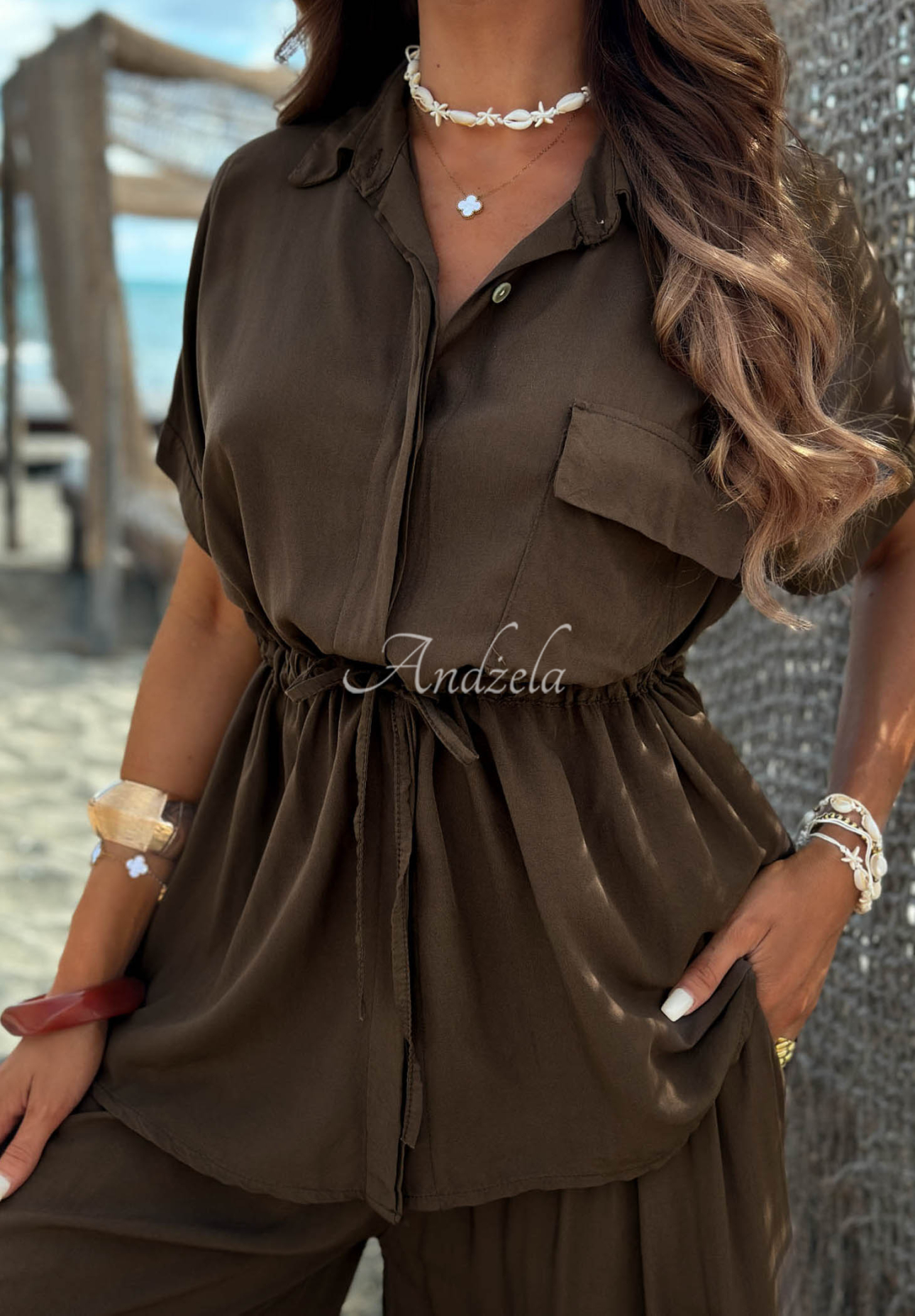 Viskózová souprava košile se stahováním a kalhot wide leg Elite Summer čokoládový