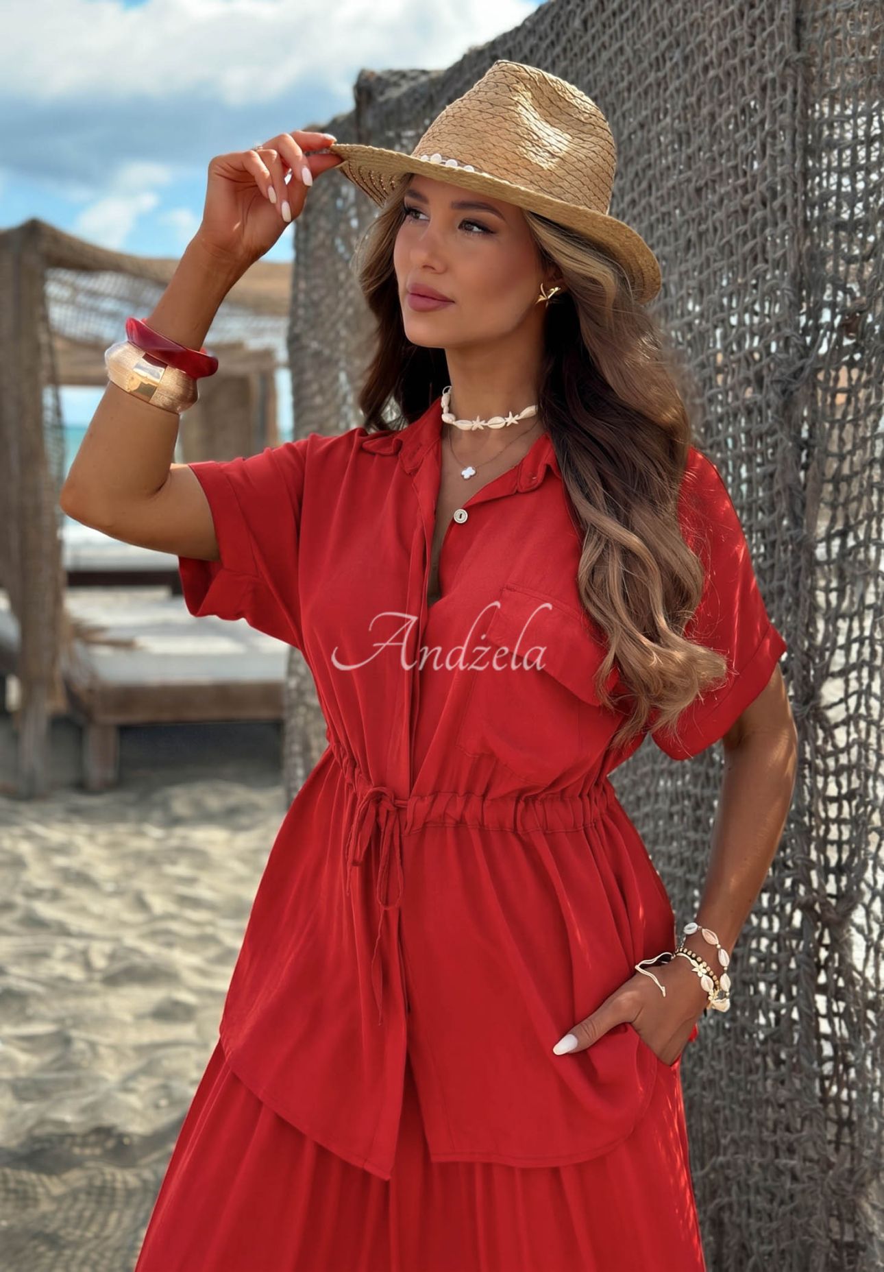 Viskózová souprava košile se stahováním a kalhot wide leg Elite Summer červený