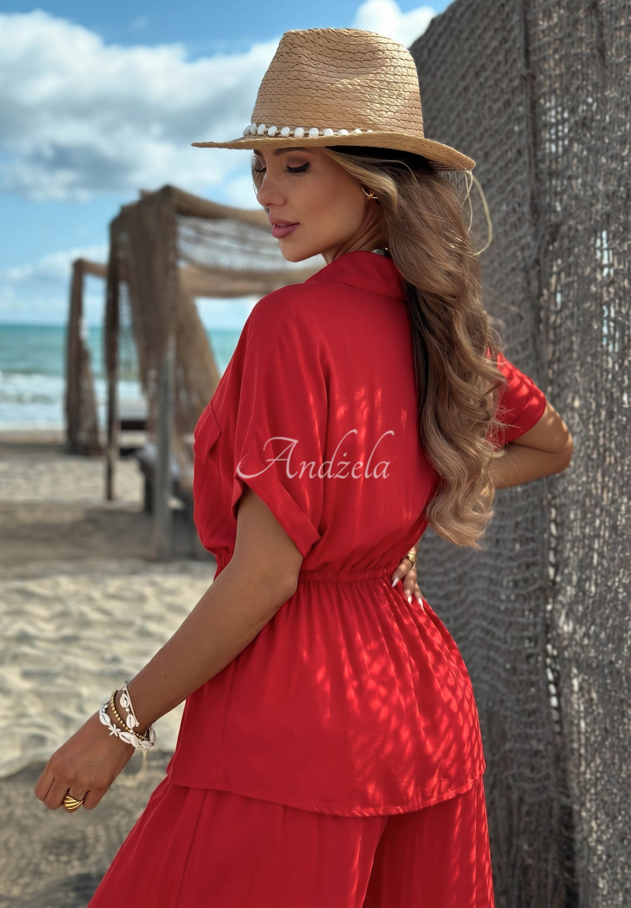 Viskózová souprava košile se stahováním a kalhot wide leg Elite Summer červený