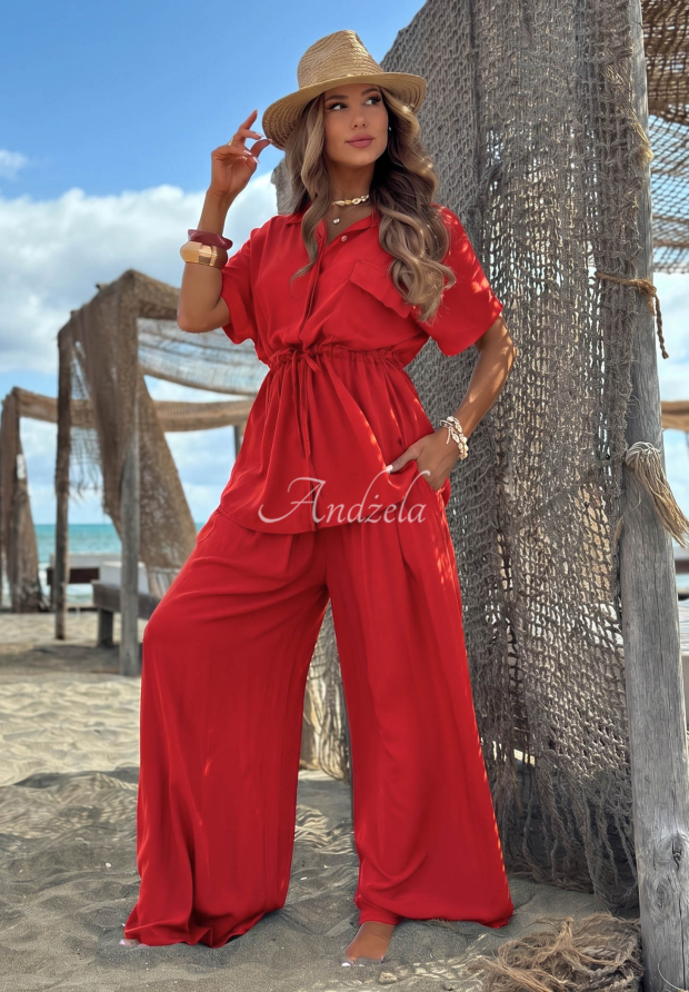 Visk&oacute;zov&aacute; souprava ko&scaron;ile se stahov&aacute;n&iacute;m a kalhot wide leg Elite Summer červen&yacute;