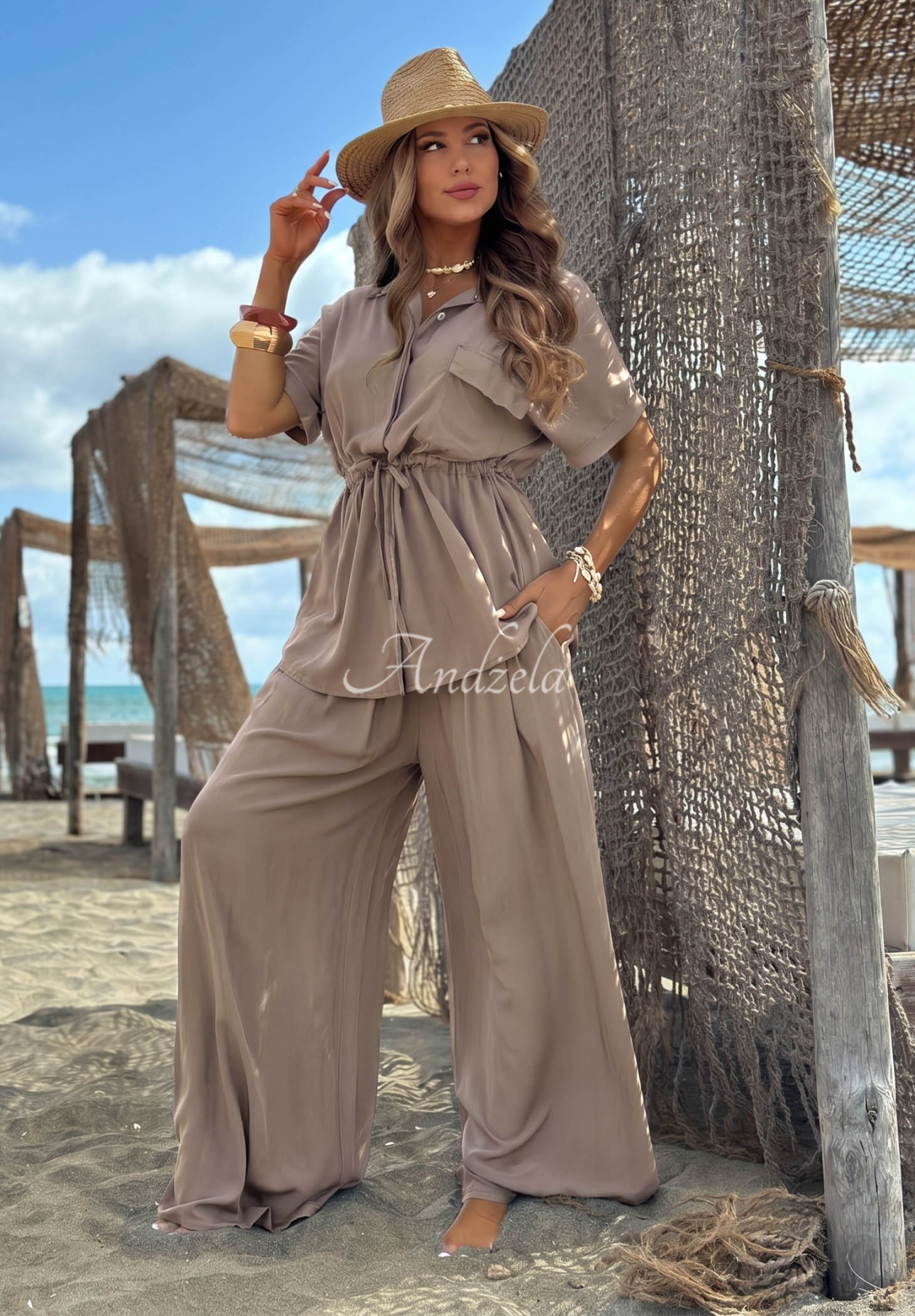 Viskózová souprava košile se stahováním a kalhot wide leg Elite Summer béžový