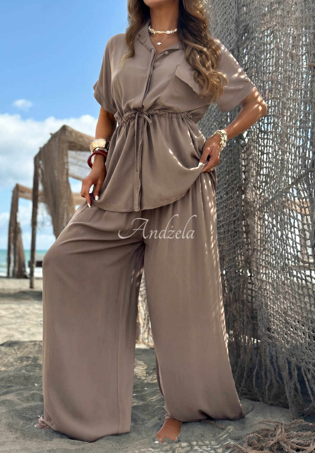 Viskózová souprava košile se stahováním a kalhot wide leg Elite Summer béžový