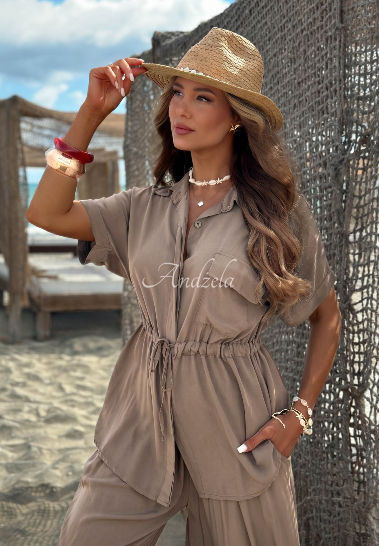 Viskózová souprava košile se stahováním a kalhot wide leg Elite Summer béžový