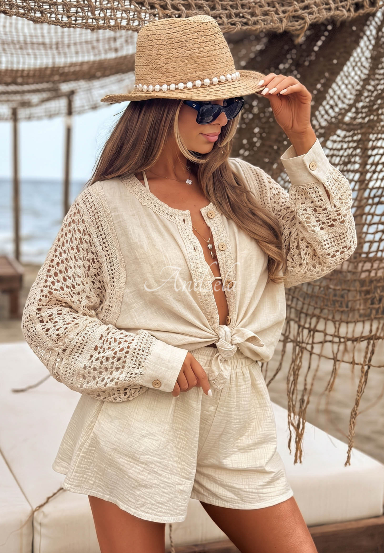 Ažurová košile boho ze lnu a viskózy Dolce Sunshine béžová
