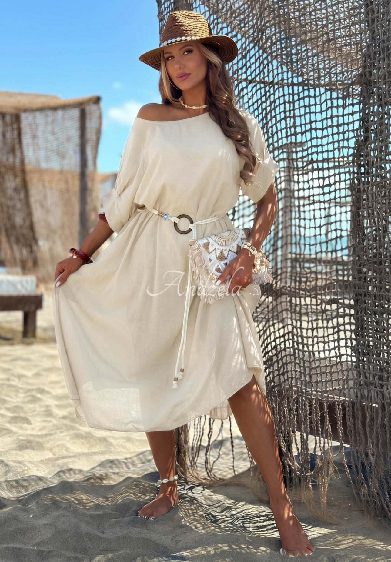 Bavlněné šaty s pleteným páskem Summer Diva béžová