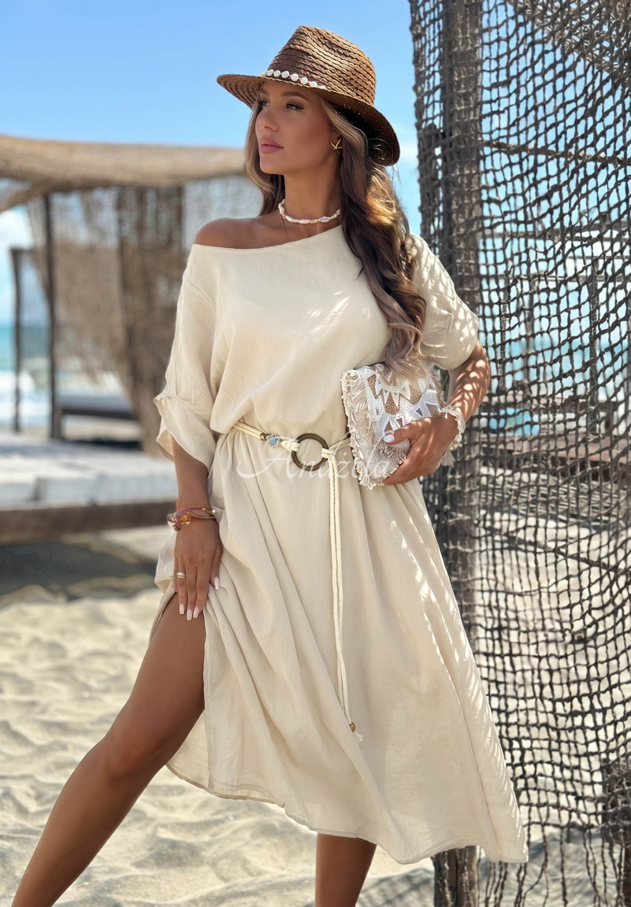 Bavlněné šaty s pleteným páskem Summer Diva béžová