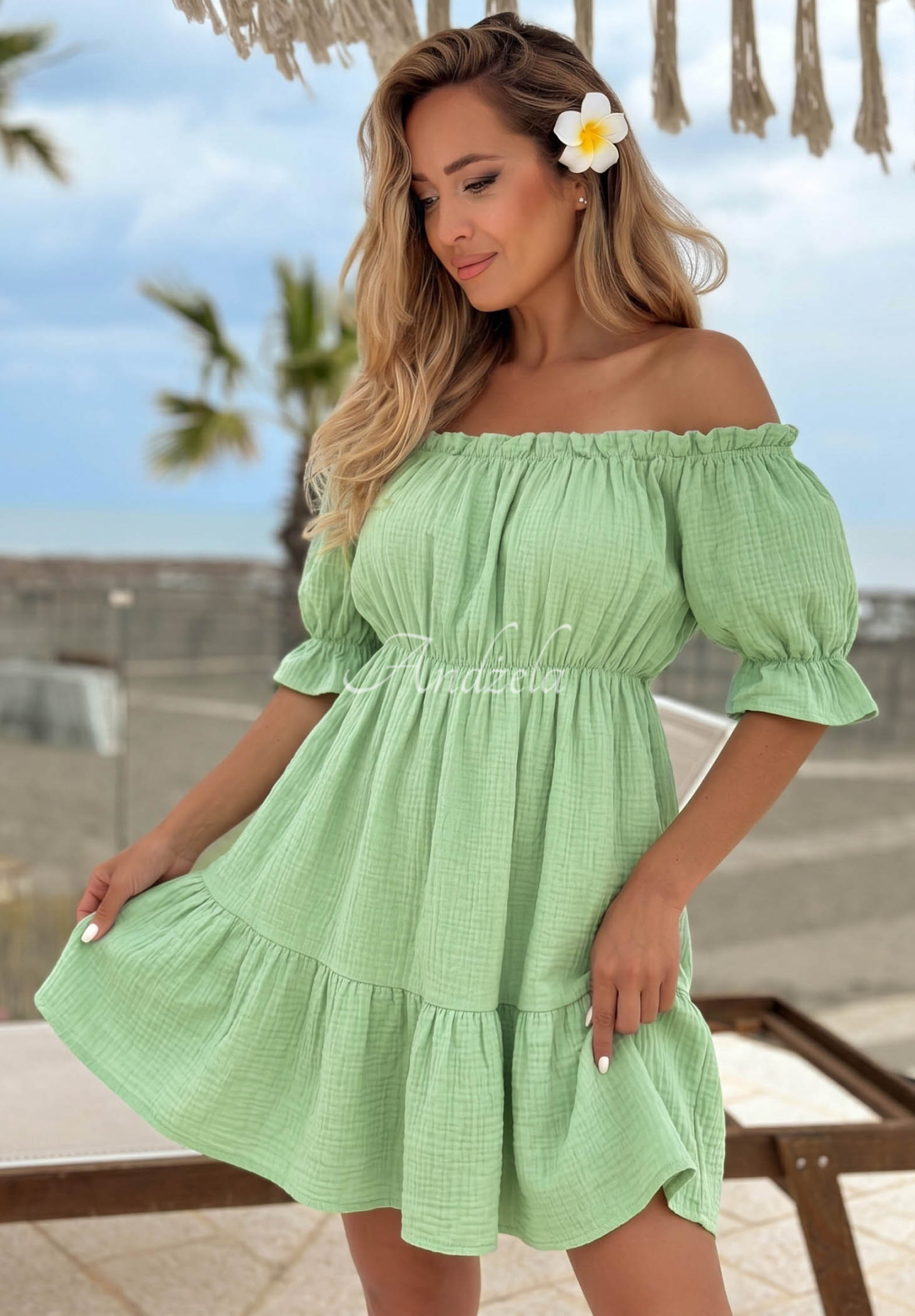 Mušelínové šaty španělka Sunset Touch pistáciová