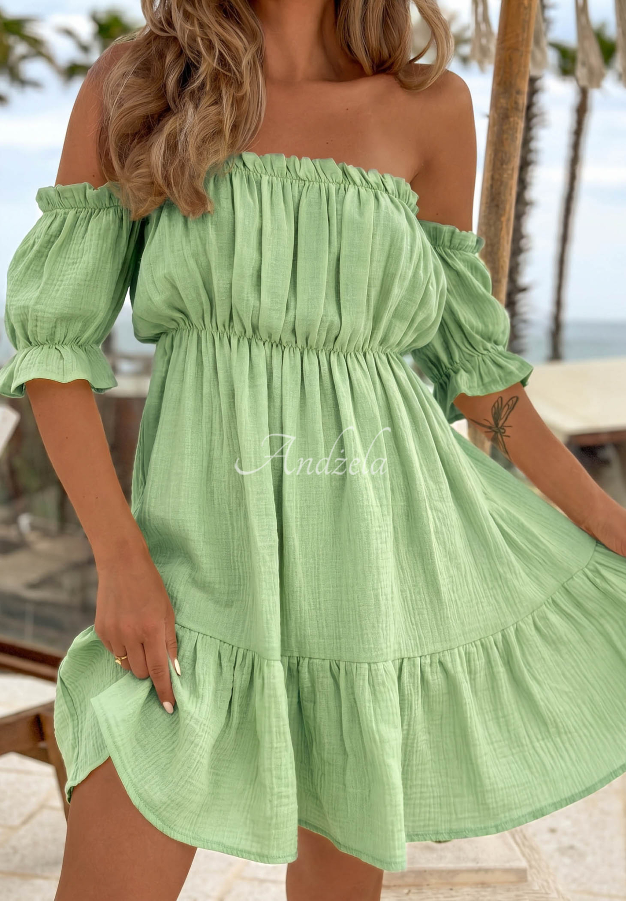 Mušelínové šaty španělka Sunset Touch pistáciová