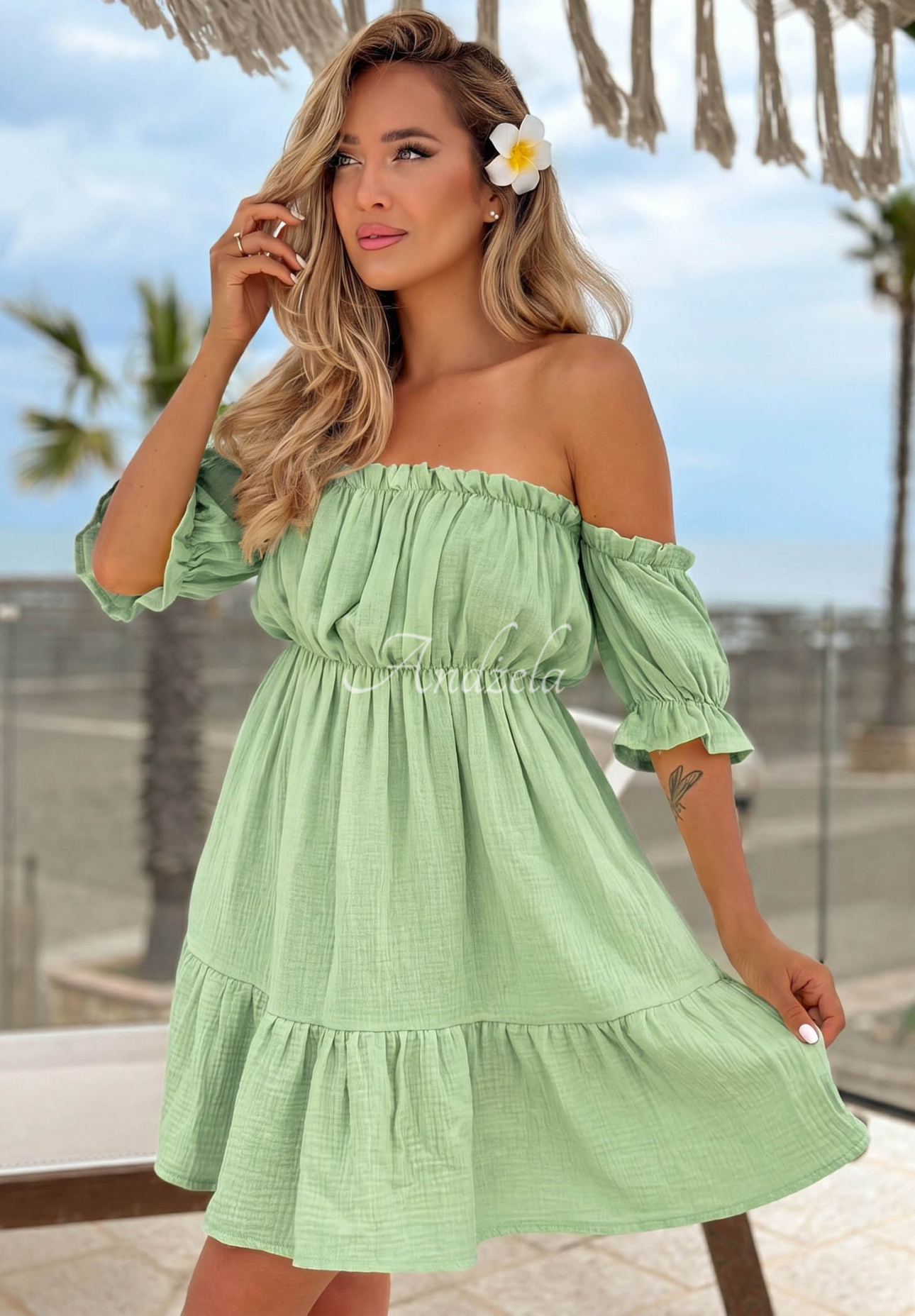 Mušelínové šaty španělka Sunset Touch pistáciová