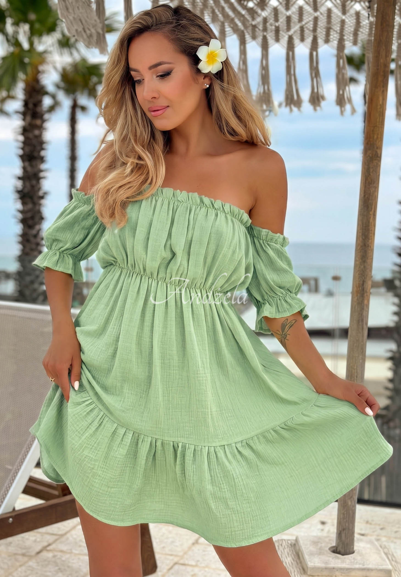 Mušelínové šaty španělka Sunset Touch pistáciová