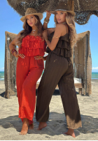 Dlouhý Overal wide leg na ramiączkach z falbankami Ocean Charm béžový