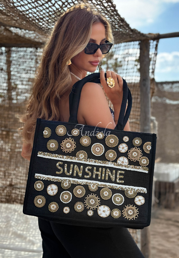 Pleten&aacute; kabelka vy&scaron;&iacute;van&aacute; kor&aacute;lky boho Sunshine Beads čern&aacute;