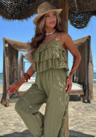 Dlouhý Overal wide leg na ramiączkach z falbankami Ocean Charm béžový
