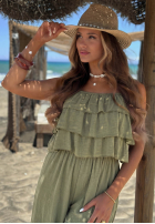 Dlouhý Overal wide leg na ramiączkach z falbankami Ocean Charm béžový