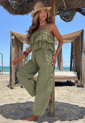 Dlouh&yacute; visk&oacute;zov&yacute; overal na ram&iacute;nka s vol&aacute;nky Ocean Charm khaki