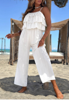 Dlouhý Overal wide leg na ramiączkach z falbankami Ocean Charm béžový