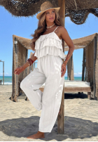 Dlouhý Overal wide leg na ramiączkach z falbankami Ocean Charm béžový