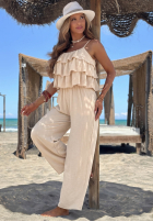 Dlouhý Overal wide leg na ramiączkach z falbankami Ocean Charm béžový
