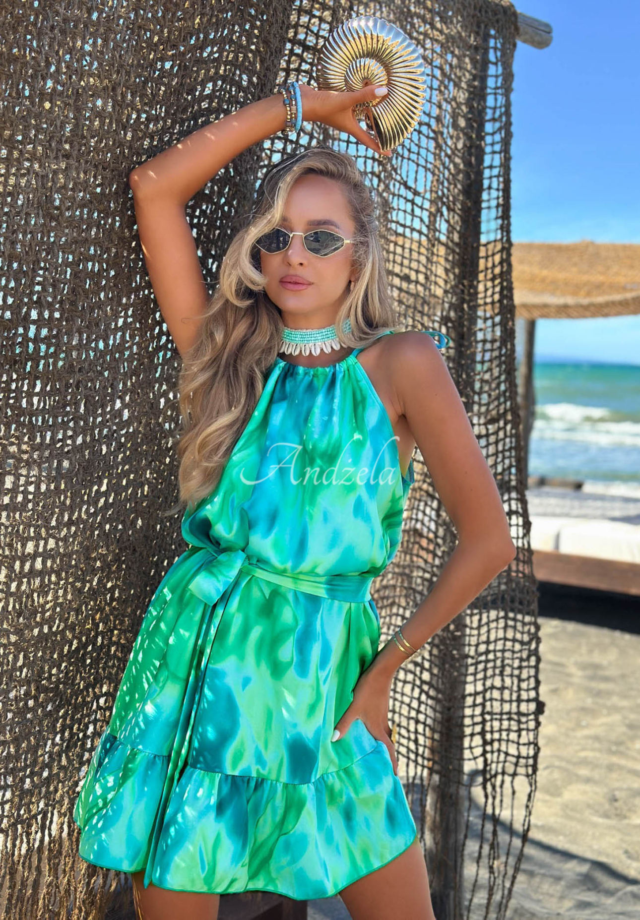 Vzorované mini šaty na ramínka z viskózy Lagoon Breeze zeleno-modré