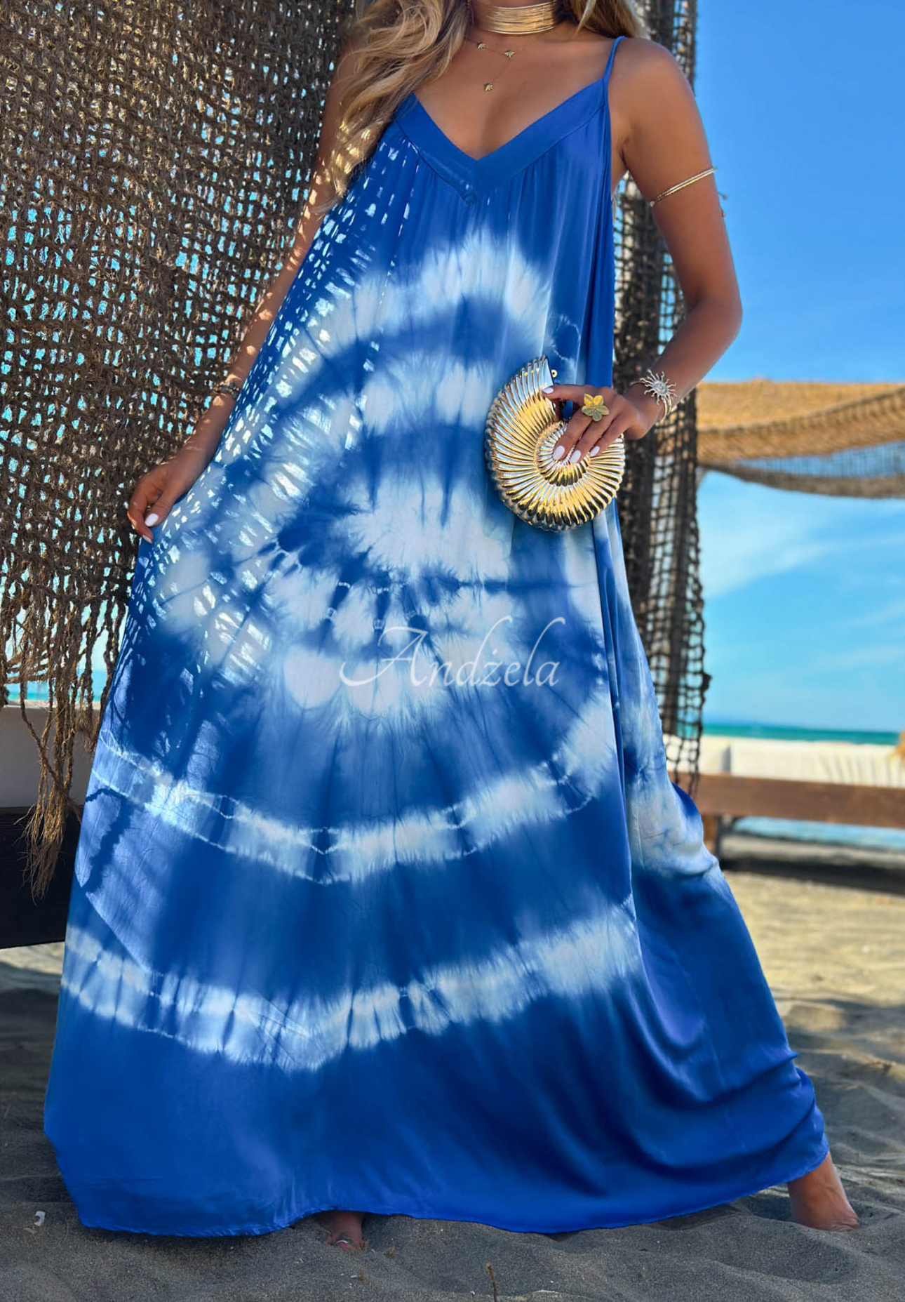 Viskózové maxi šaty na ramínka tie dye Deep Sea kobaltovo-bílé