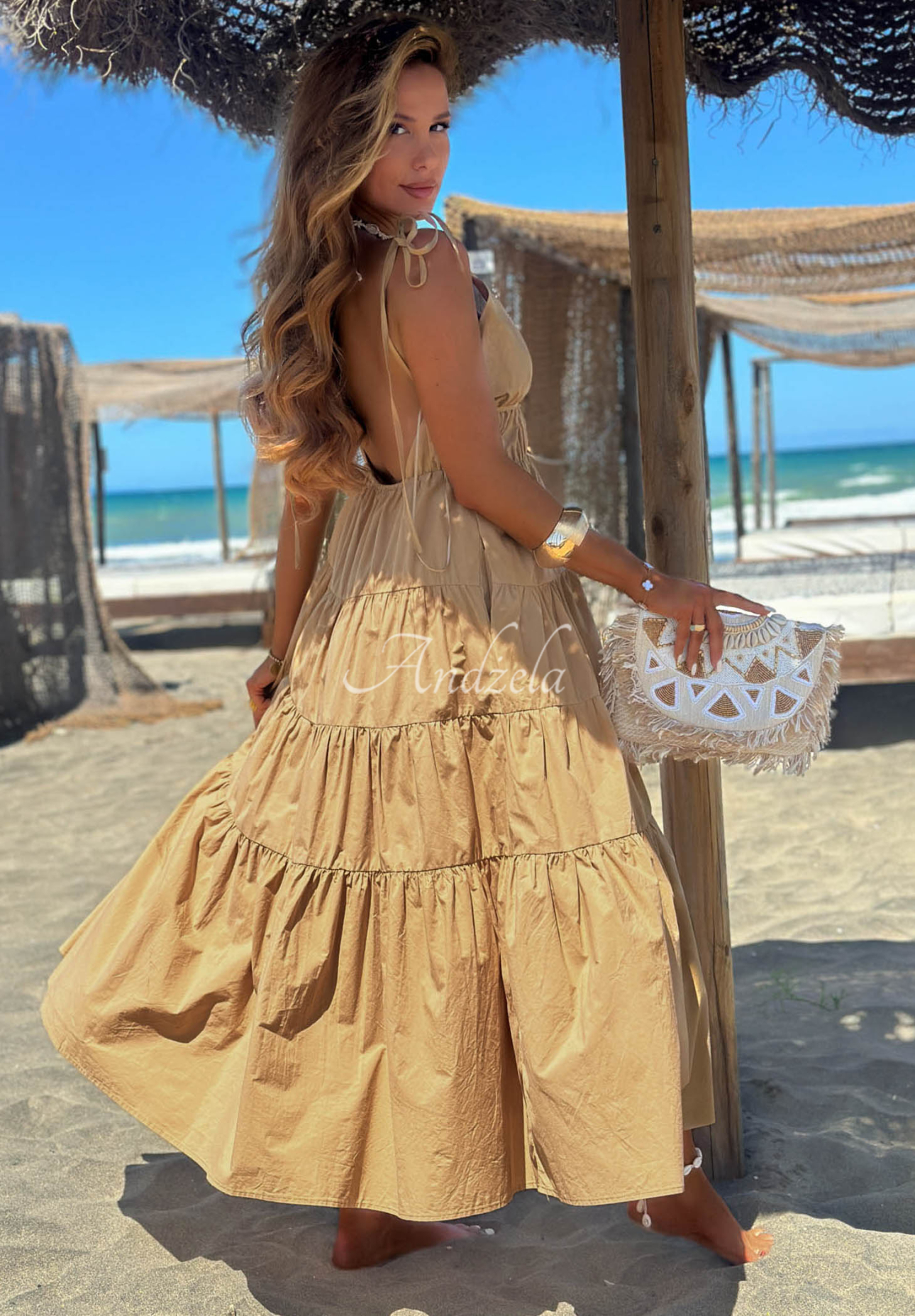 Bavlněné maxi šaty na ramínka s volánky Summer Pearl béžová