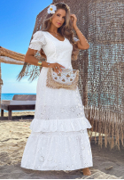 Ażurowa Šaty maxi z bufkami boho Pearl Glow Bílá