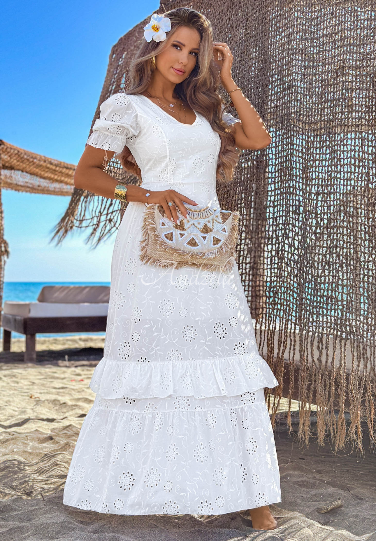 Ažurové maxi šaty s nabíranými rukávy boho Pearl Glow Bílá