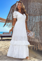 Ażurowa Šaty maxi z bufkami boho Pearl Glow Bílá
