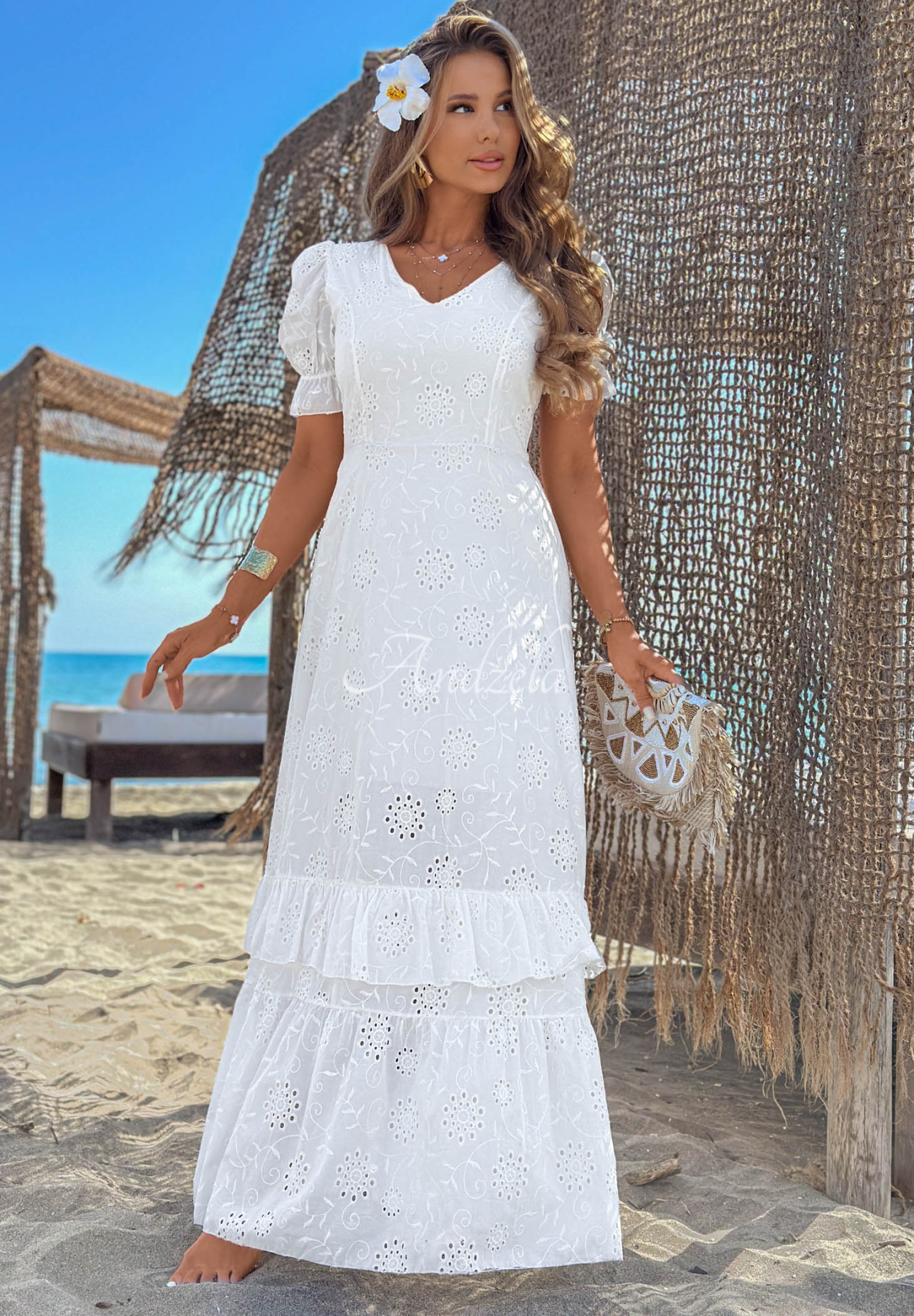 Ažurové maxi šaty s nabíranými rukávy boho Pearl Glow Bílá