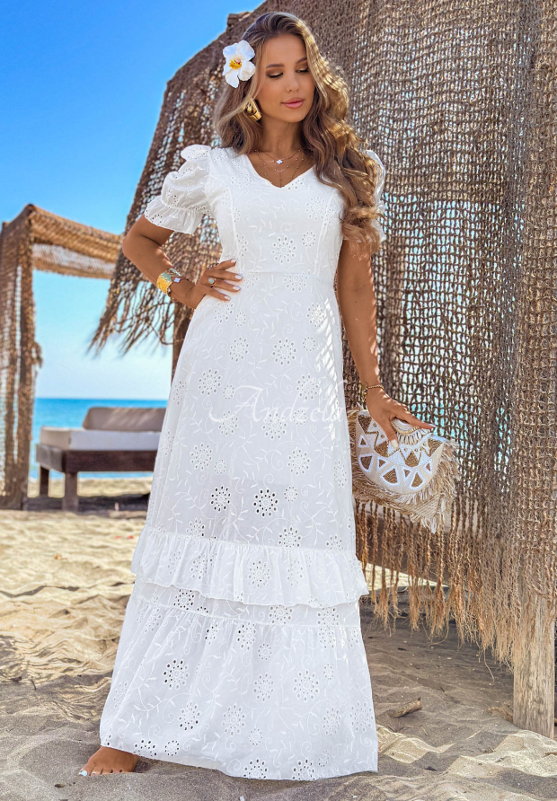 Ažurov&eacute; maxi &scaron;aty s nab&iacute;ran&yacute;mi ruk&aacute;vy boho Pearl Glow B&iacute;l&aacute;