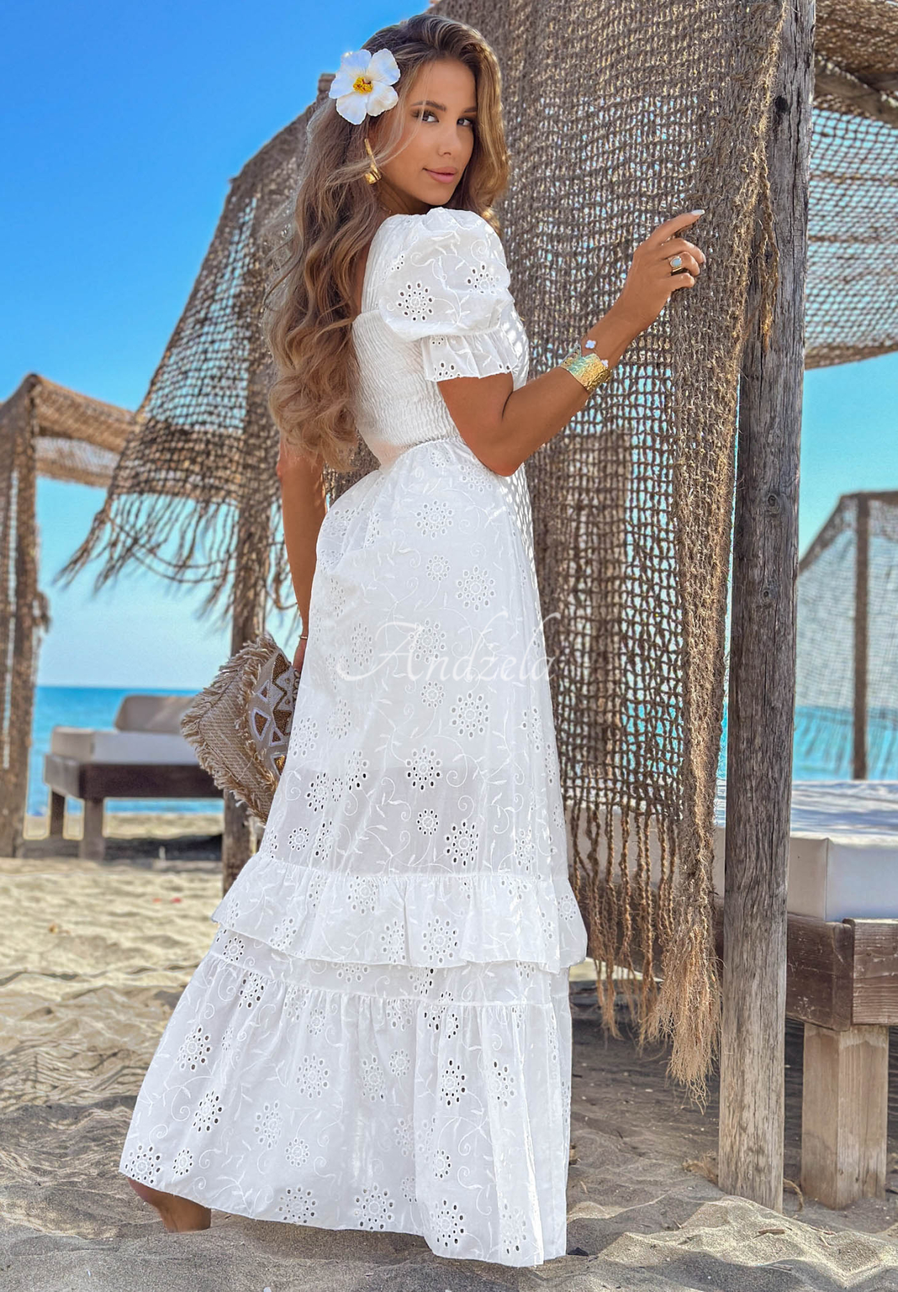 Ažurové maxi šaty s nabíranými rukávy boho Pearl Glow Bílá