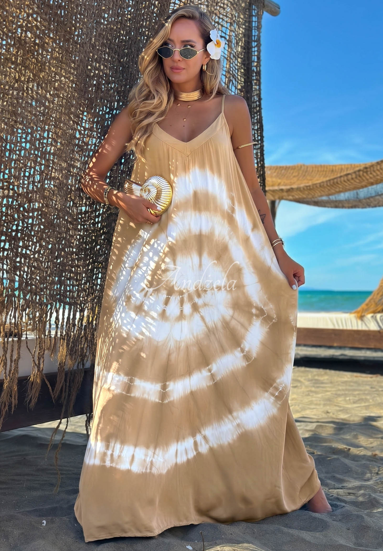 Viskózové maxi šaty na ramínka tie dye Deep Sea camelovo-bílé