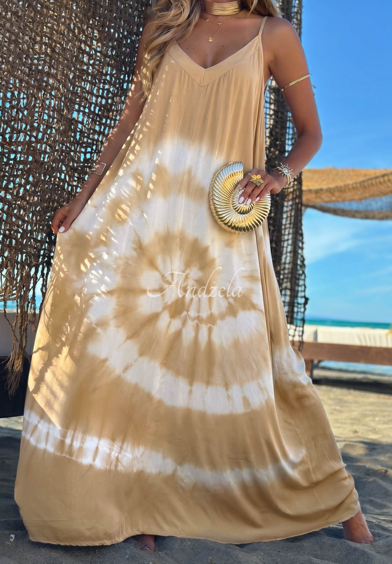 Viskózové maxi šaty na ramínka tie dye Deep Sea camelovo-bílé