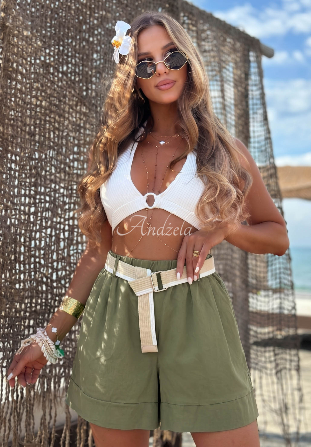 Krátké viskózové šortky s páskem Safari Sun khaki