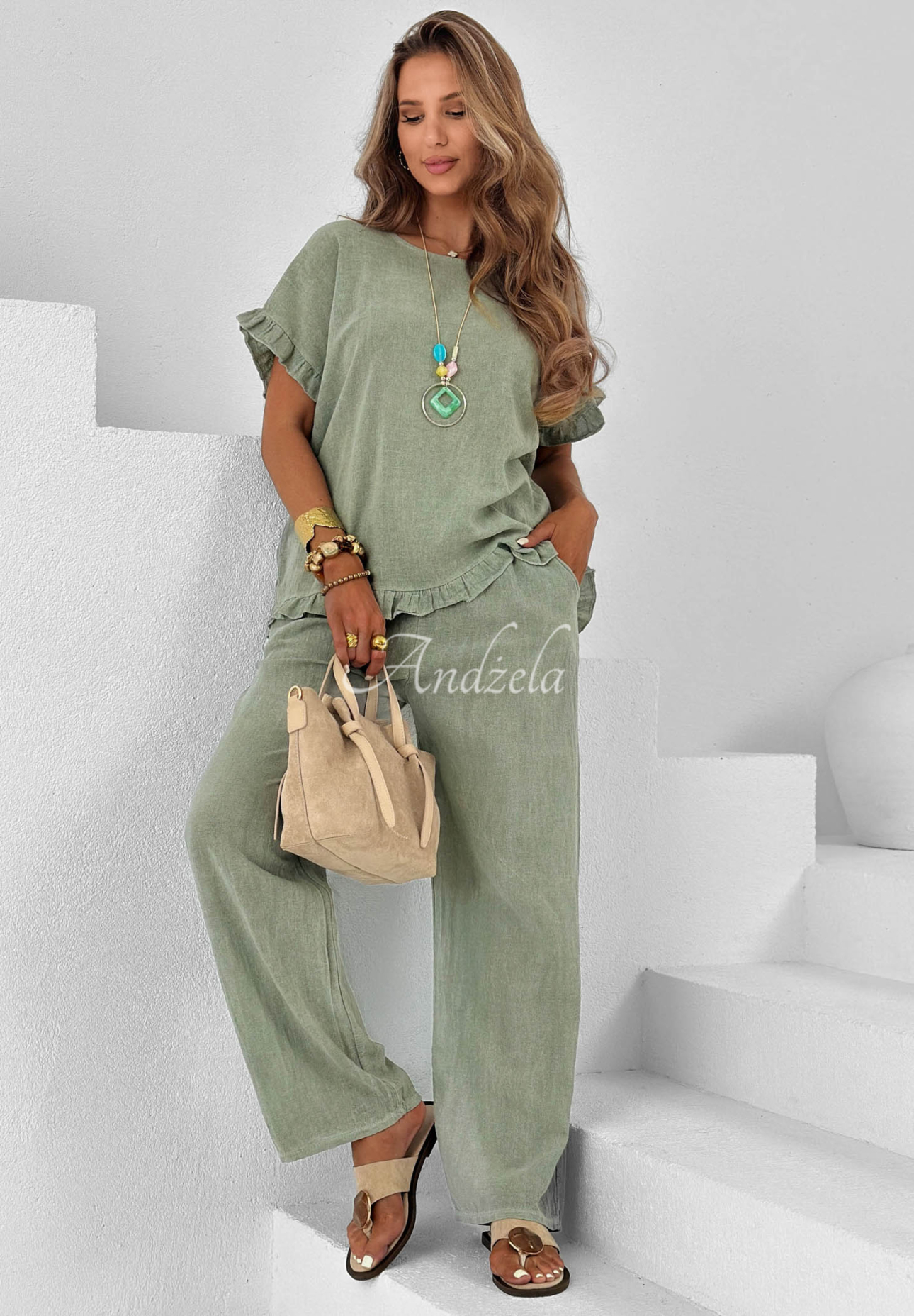 Bavlněná souprava halenka a kalhoty wide leg se lnem Summer Breeze khaki